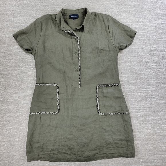 French Curve Linen Dress Womens Medium Olive Green Fringe Trim Pockets Casual - Picture 1 of 12